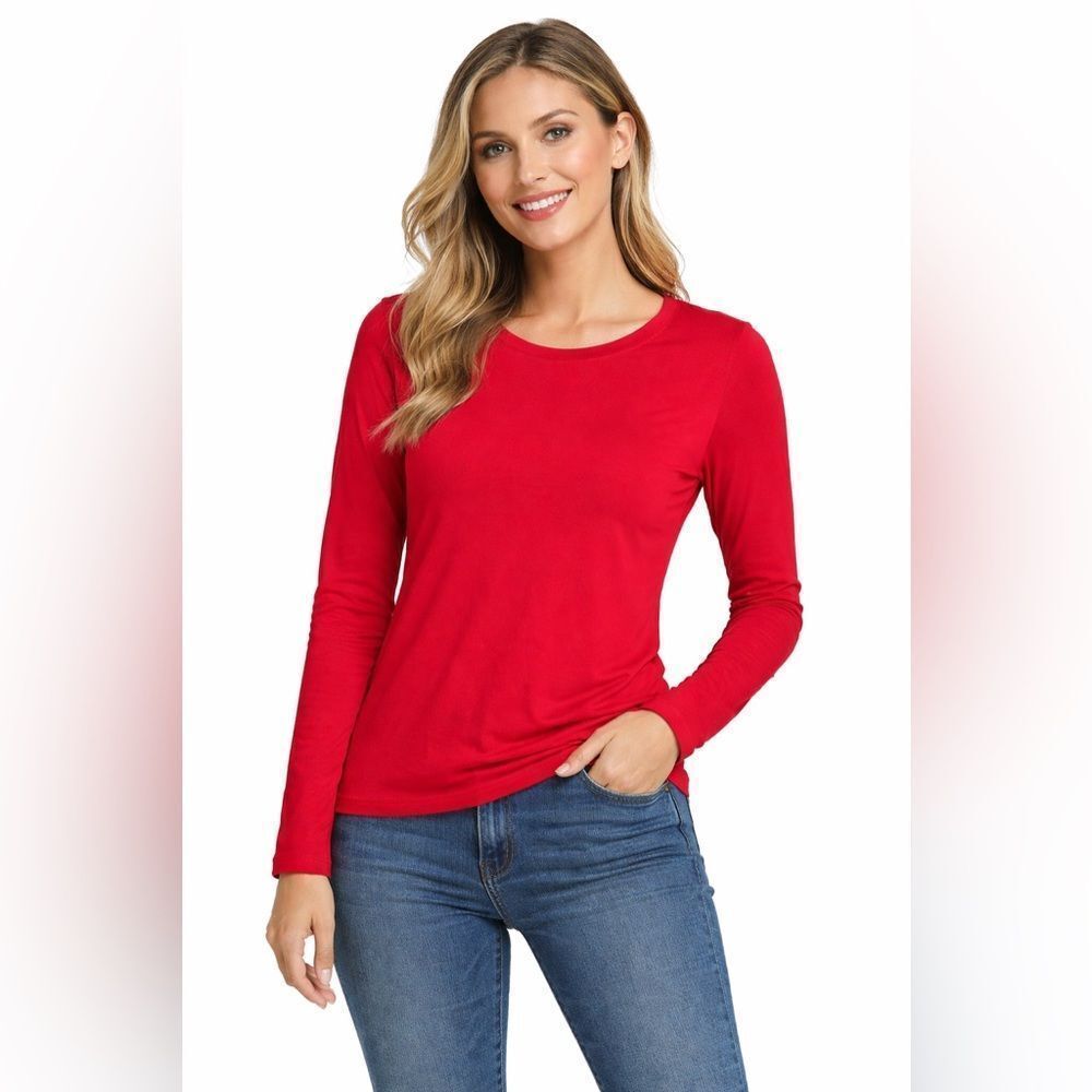 Madison Womens 100% Pima Cotton Round Neck Red Long Sleeve Top Size Large